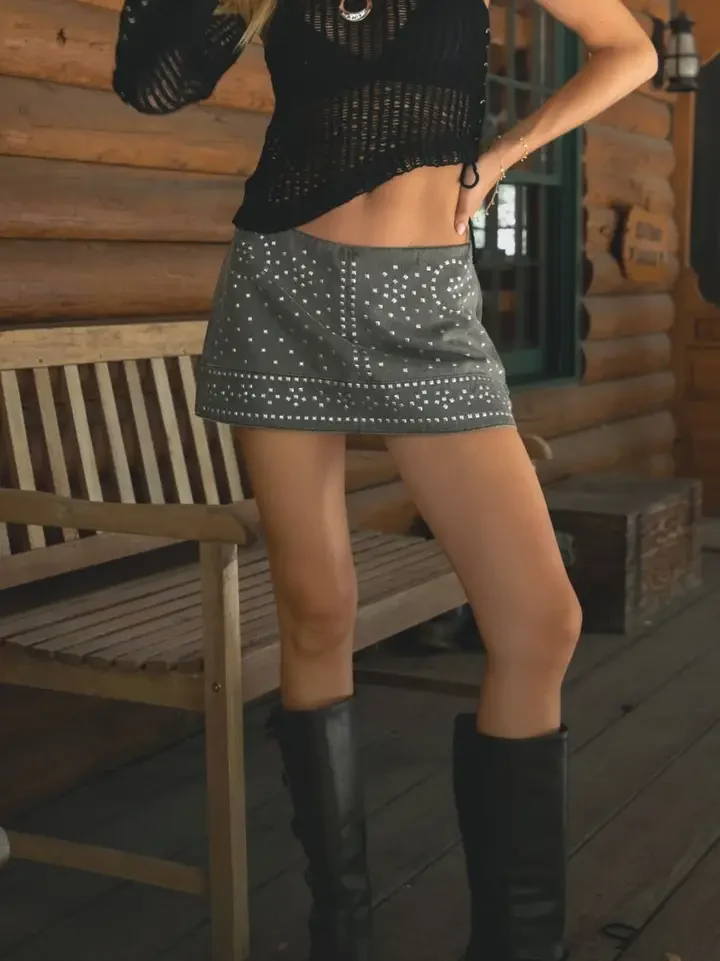 Rebel Studded Denim Mini Skirt