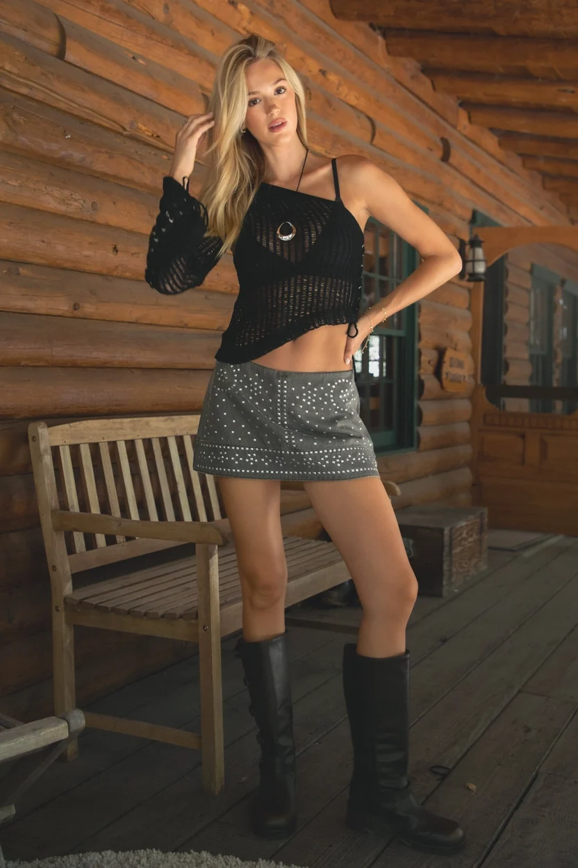 Rebel Studded Denim Mini Skirt - Image 3